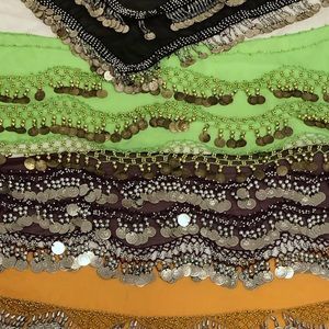 Belly dance scarfs (green and black on the bottom of the picture)